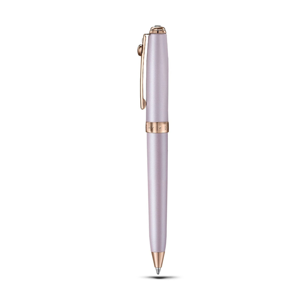Sheaffer Gift Set ft Emily in Paris Prelude Mini 9810 Pastel Pink Ballpoint Pen with Swarovski Crystal and Hardbound Small Notebook pen upright side view