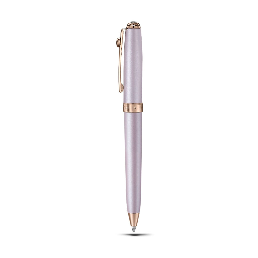 Sheaffer Gift Set ft Emily in Paris Prelude Mini 9810 Pastel Pink Ballpoint Pen with Swarovski Crystal and Hardbound Small Notebook pen upright side view
