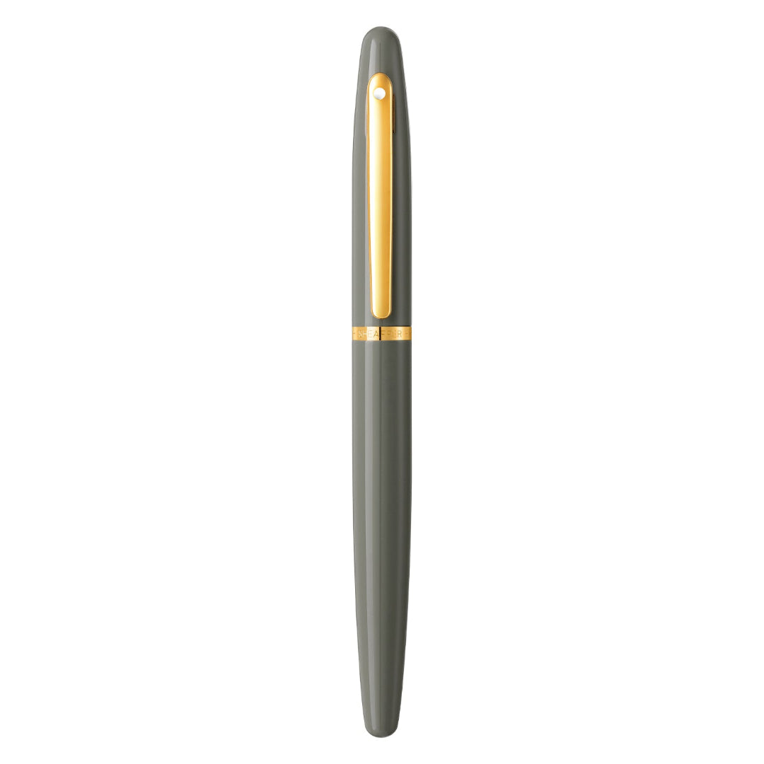 Sheaffer VFM 9427 Glossy Light Gray Rollerball Pen With PVD Gold-Tone Trim full upright view