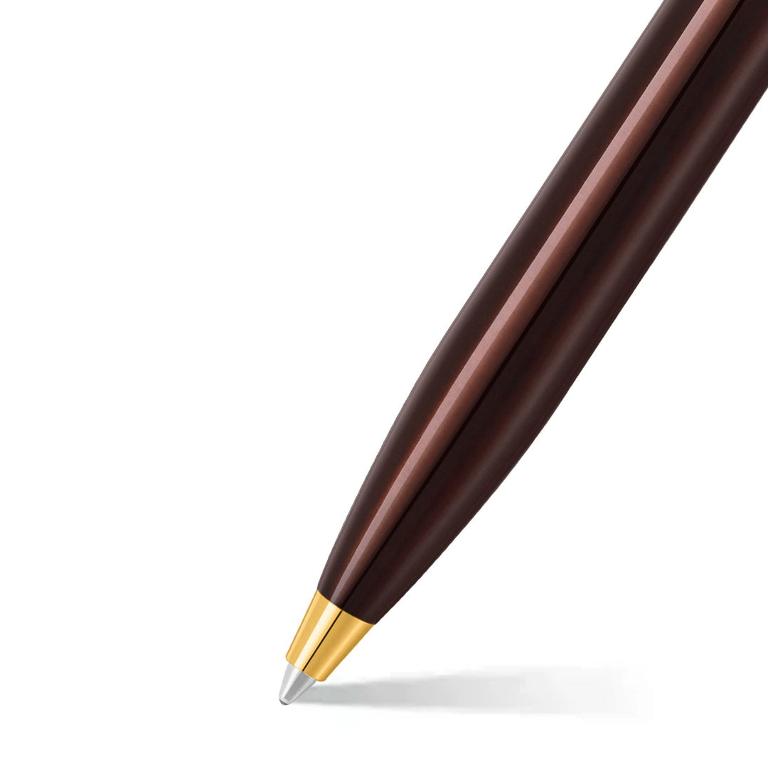 Sheaffer 100 9370 Glossy Coffee Brown Ballpoint Pen With PVD Gold-Tone Trims barrel and tip section