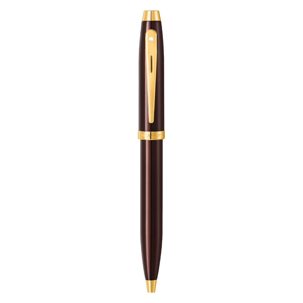 Sheaffer 100 9370 Glossy Coffee Brown Ballpoint Pen With PVD Gold-Tone Trims full upright view