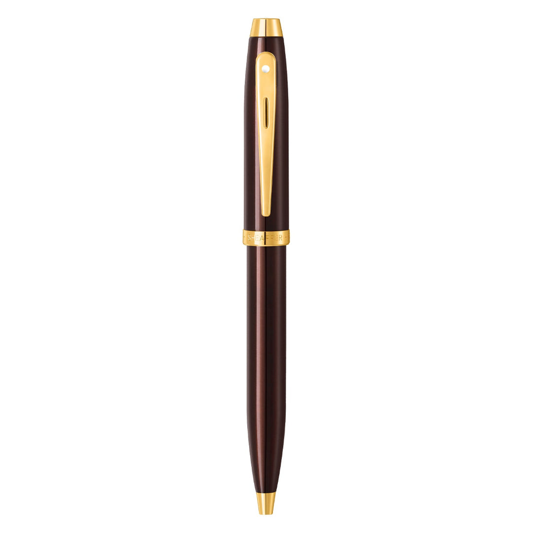 Sheaffer 100 9370 Glossy Coffee Brown Ballpoint Pen With PVD Gold-Tone Trims full upright view