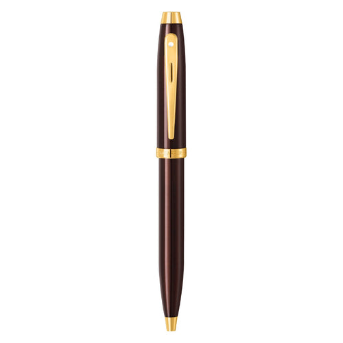 Sheaffer 100 9370 Glossy Coffee Brown Ballpoint Pen With PVD Gold-Tone Trims full upright view