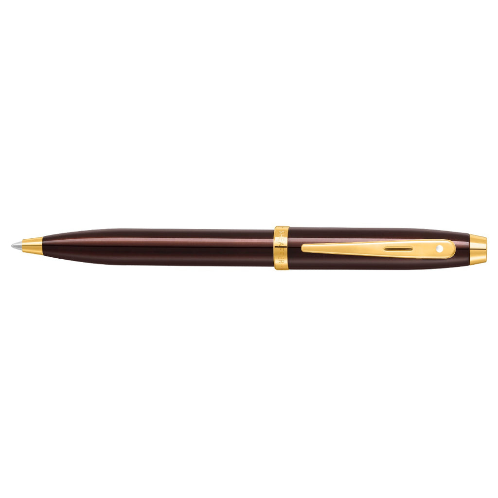 Sheaffer 100 9370 Glossy Coffee Brown Ballpoint Pen With PVD Gold-Tone Trims full side profile