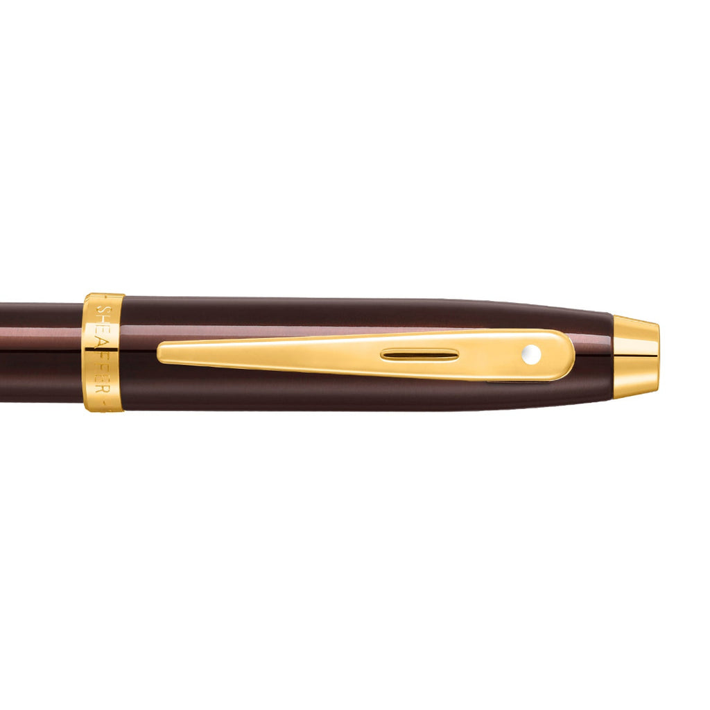 Sheaffer 100 9370 Glossy Coffee Brown Ballpoint Pen With PVD Gold-Tone Trims clip details