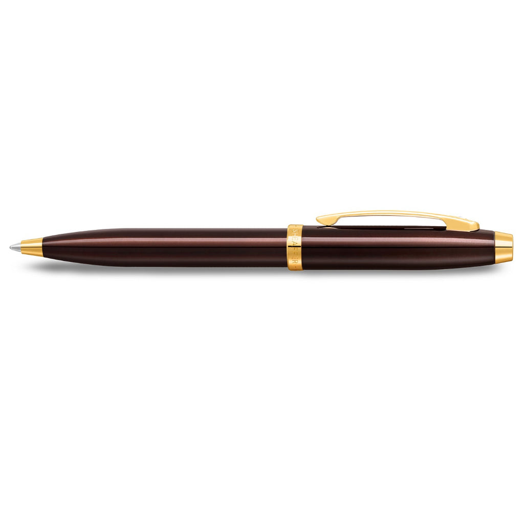 Sheaffer 100 9370 Glossy Coffee Brown Ballpoint Pen With PVD Gold-Tone Trims side profile