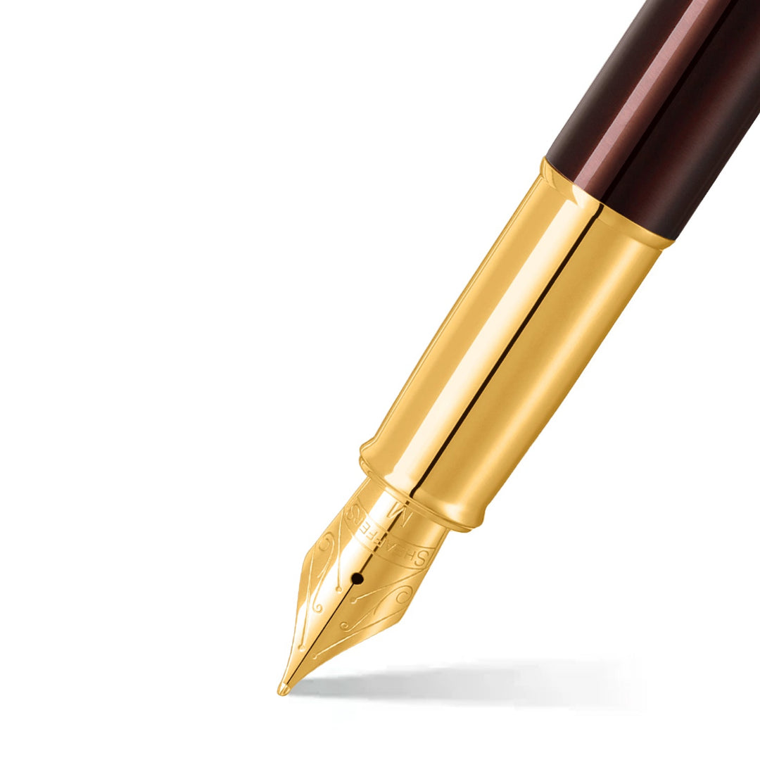 Sheaffer 100 9370 Glossy Coffee Brown Fountain Pen With PVD Gold-Tone Trims barrel and tip section