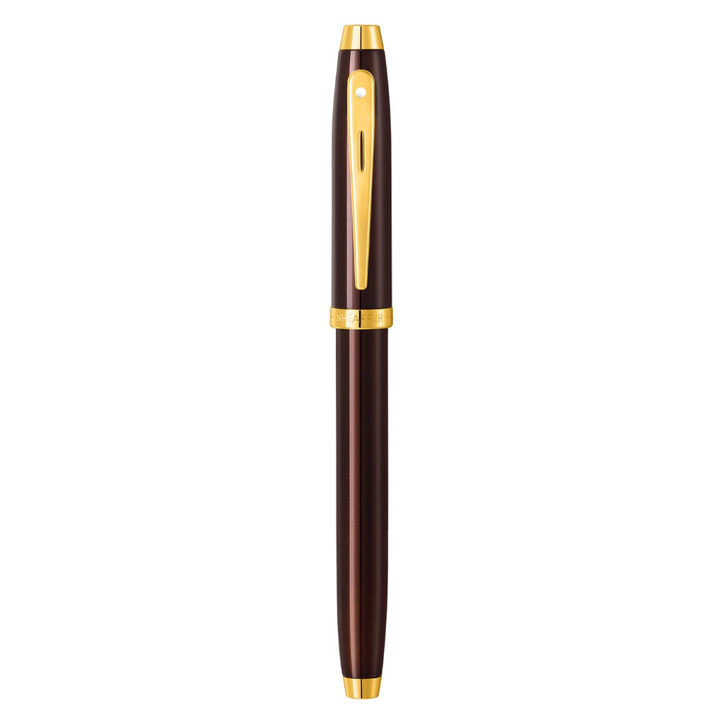 Sheaffer 100 9370 Glossy Coffee Brown Fountain Pen With PVD Gold-Tone Trims full upright view