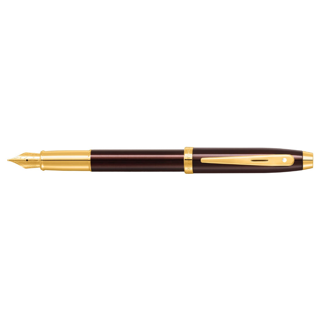 Sheaffer 100 9370 Glossy Coffee Brown Fountain Pen With PVD Gold-Tone Trims full side profile