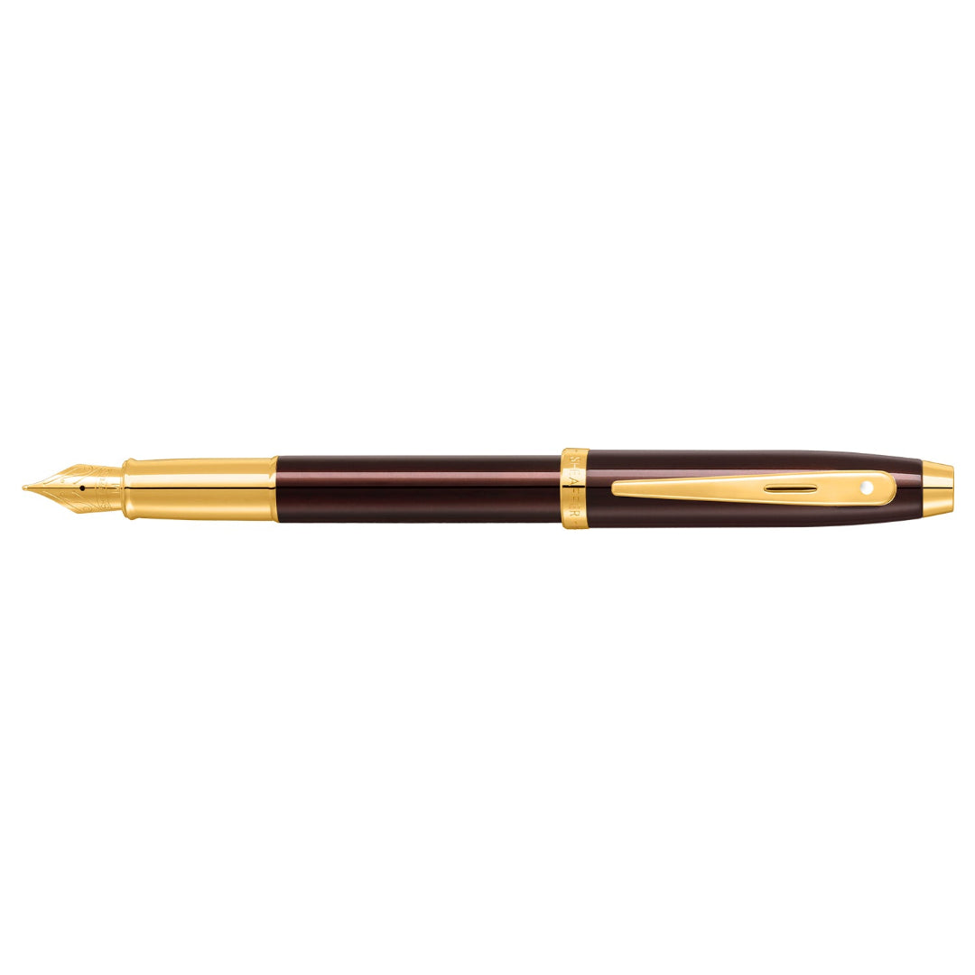 Sheaffer 100 9370 Glossy Coffee Brown Fountain Pen With PVD Gold-Tone Trims full side profile