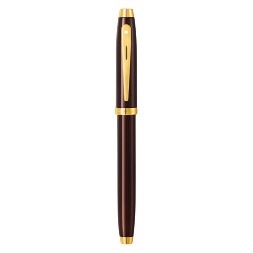 Sheaffer 100 9370 Glossy Coffee Brown Rollerball Pen With PVD Gold-Tone Trims full upright view