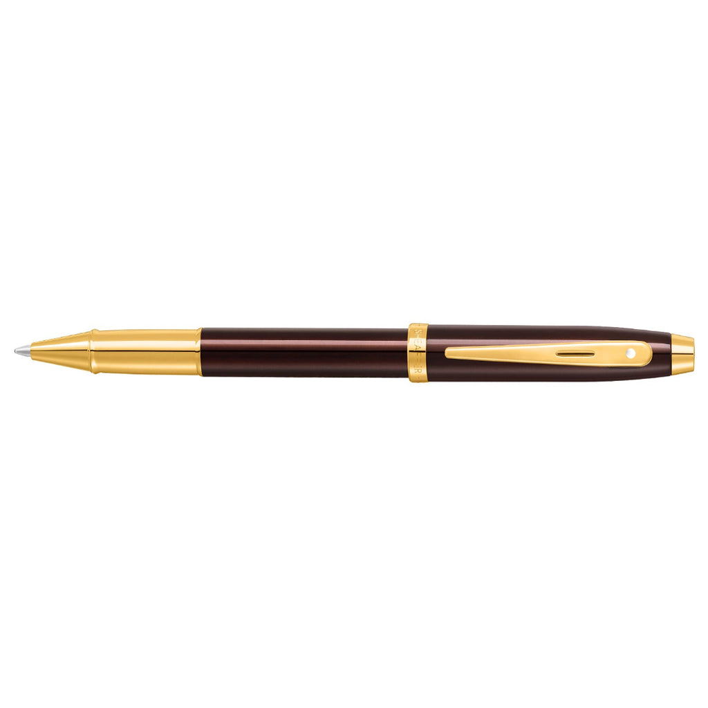 Sheaffer 100 9370 Glossy Coffee Brown Rollerball Pen With PVD Gold-Tone Trims full side profile