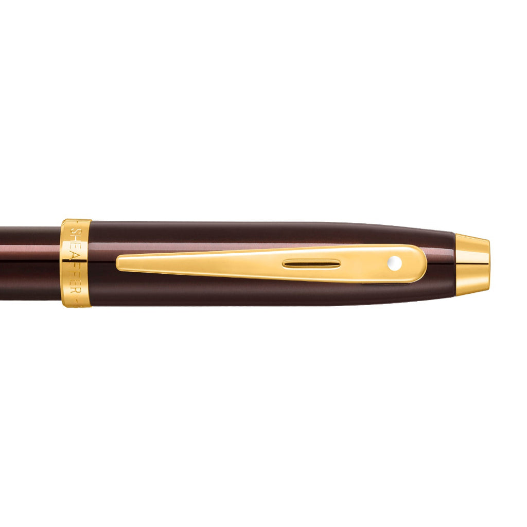 Sheaffer 100 9370 Glossy Coffee Brown Rollerball Pen With PVD Gold-Tone Trims clip details