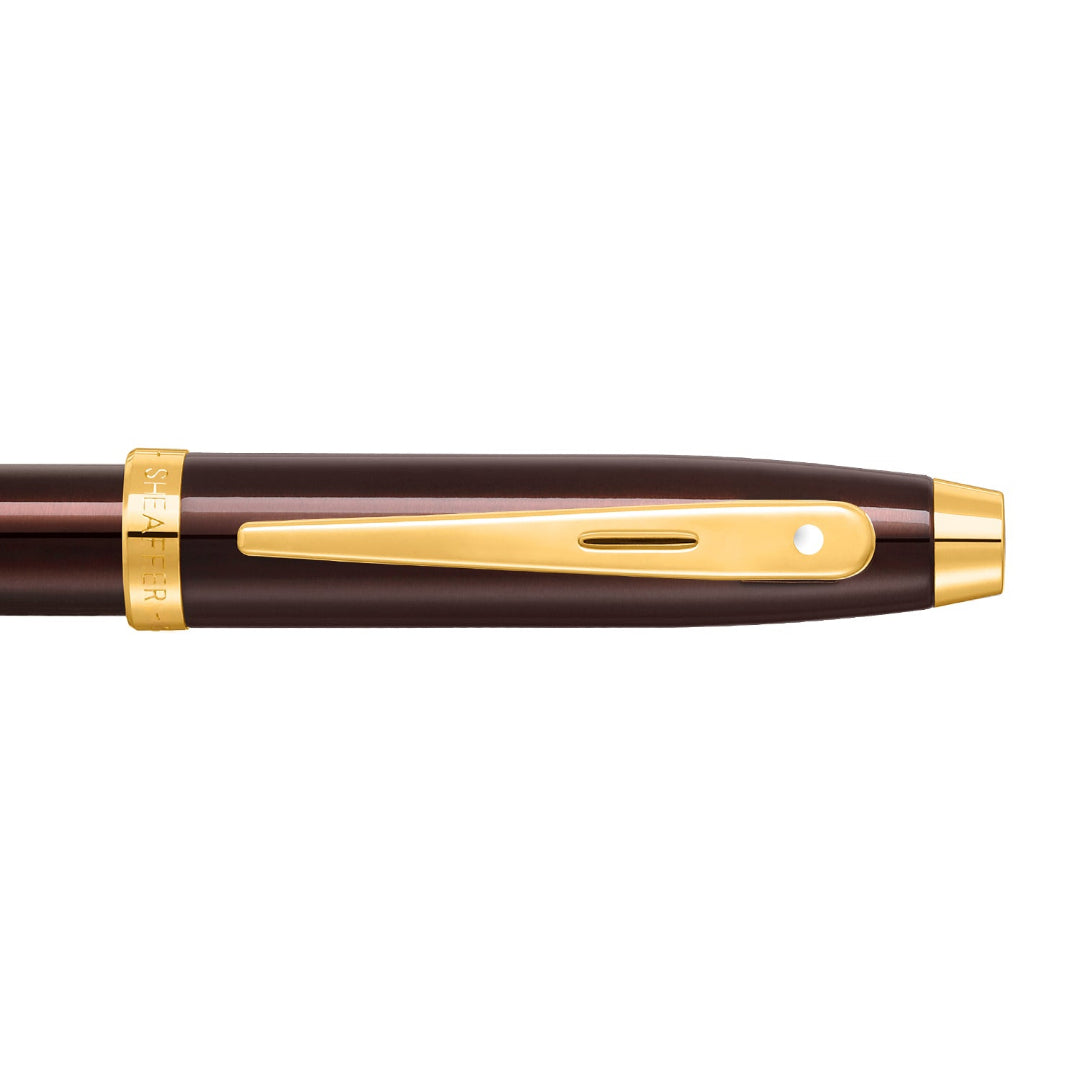 Sheaffer 100 9370 Glossy Coffee Brown Rollerball Pen With PVD Gold-Tone Trims clip details