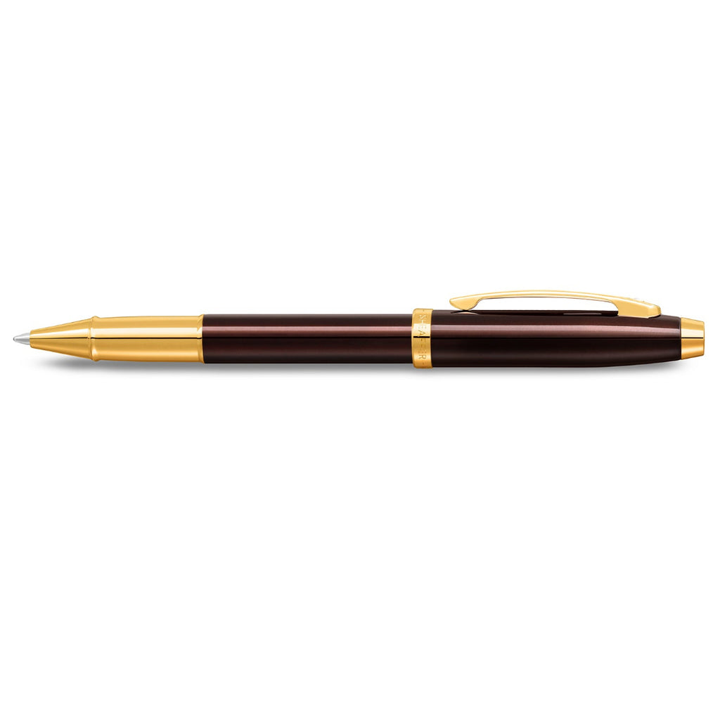 Sheaffer 100 9370 Glossy Coffee Brown Rollerball Pen With PVD Gold-Tone Trims side profile