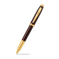 Sheaffer 100 9370 Glossy Coffee Brown Rollerball Pen With PVD Gold-Tone Trims angled writing shot