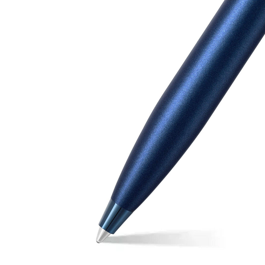 Sheaffer 100 9371 Satin Blue Ballpoint Pen With PVD Blue Trims barrel and tip section