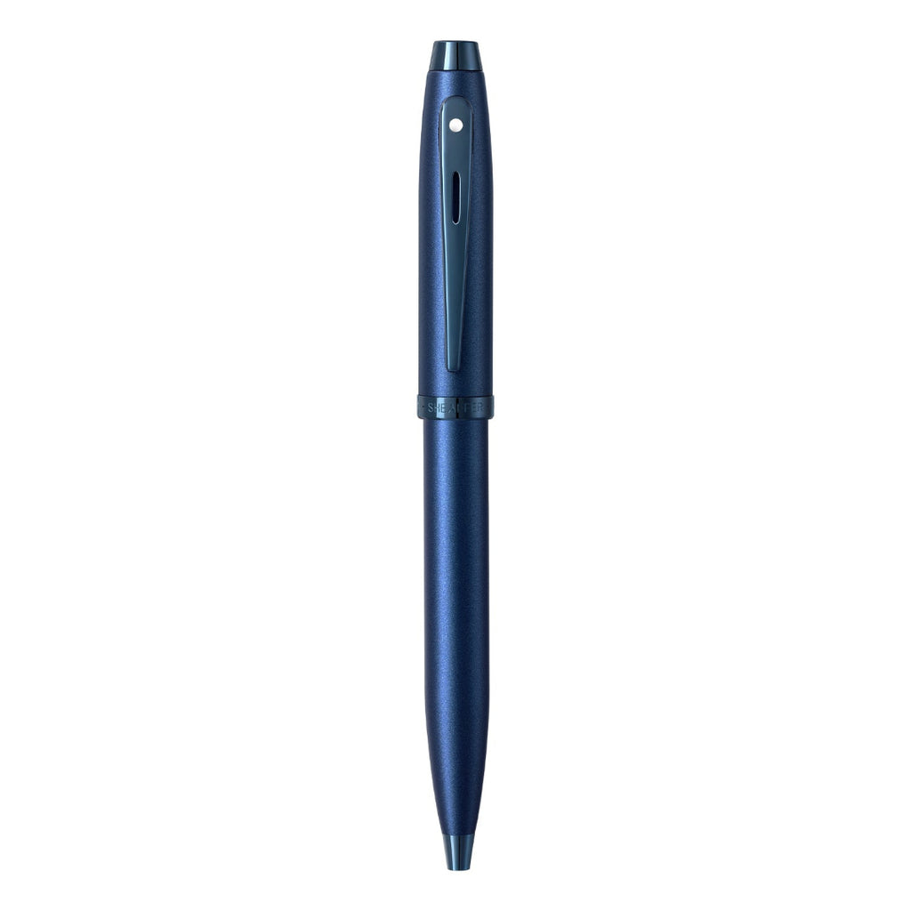 Sheaffer 100 9371 Satin Blue Ballpoint Pen With PVD Blue Trims full upright view
