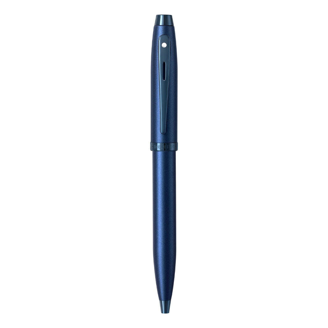 Sheaffer 100 9371 Satin Blue Ballpoint Pen With PVD Blue Trims full upright view