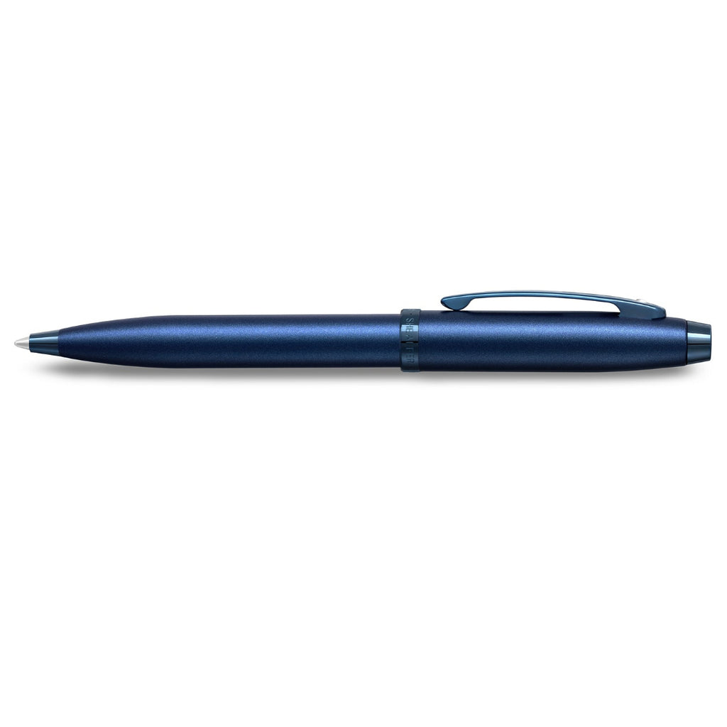 Sheaffer 100 9371 Satin Blue Ballpoint Pen With PVD Blue Trims side profile