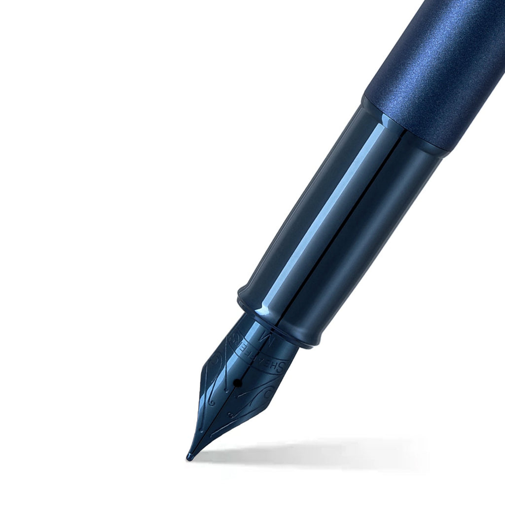 Sheaffer 100 9371 Satin Blue Fountain Pen With PVD Blue Trims barrel and tip section