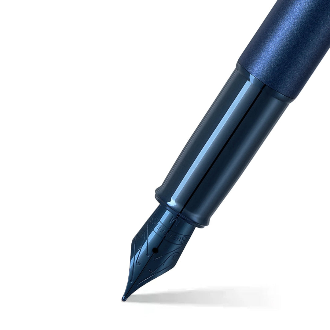 Sheaffer 100 9371 Satin Blue Fountain Pen With PVD Blue Trims barrel and tip section