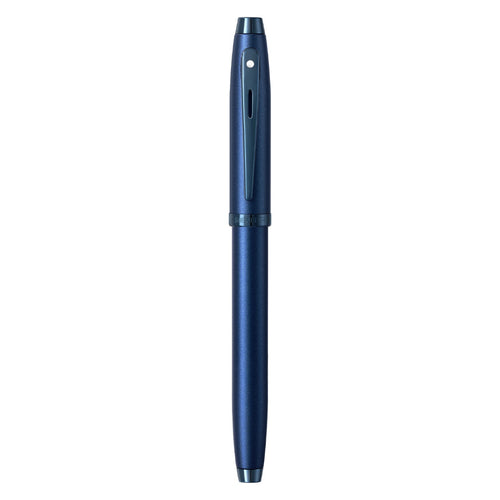 Sheaffer 100 9371 Satin Blue Fountain Pen With PVD Blue Trims full upright view