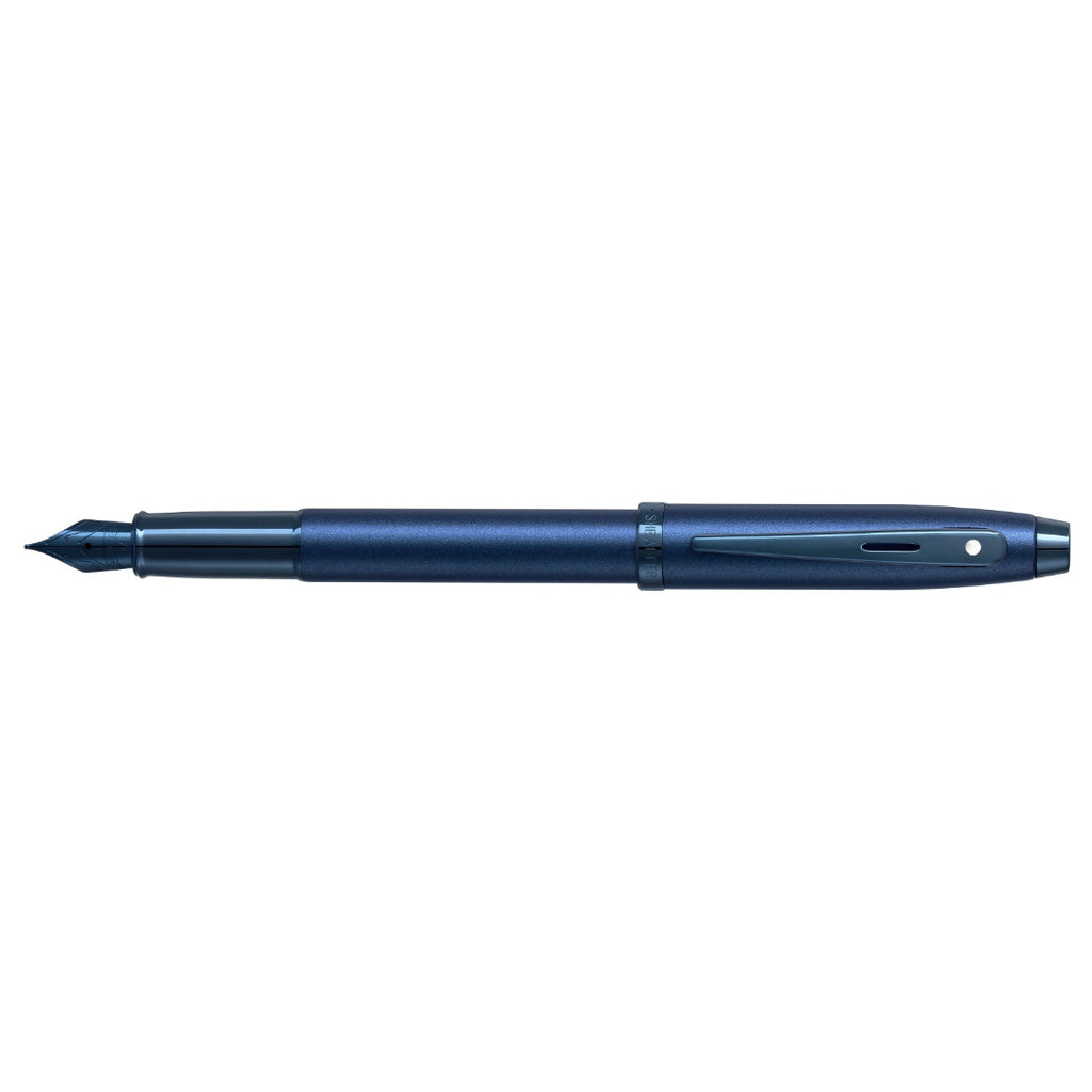 Sheaffer 100 9371 Satin Blue Fountain Pen With PVD Blue Trims full side profile