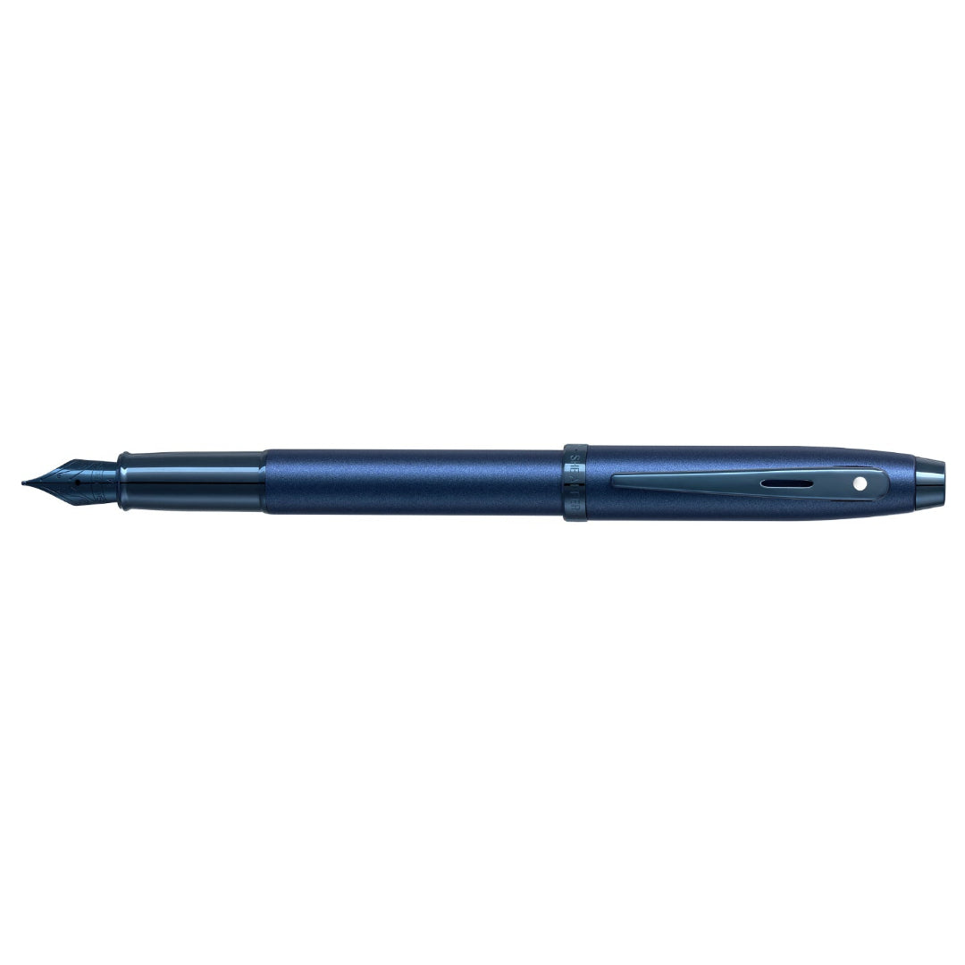 Sheaffer 100 9371 Satin Blue Fountain Pen With PVD Blue Trims full side profile