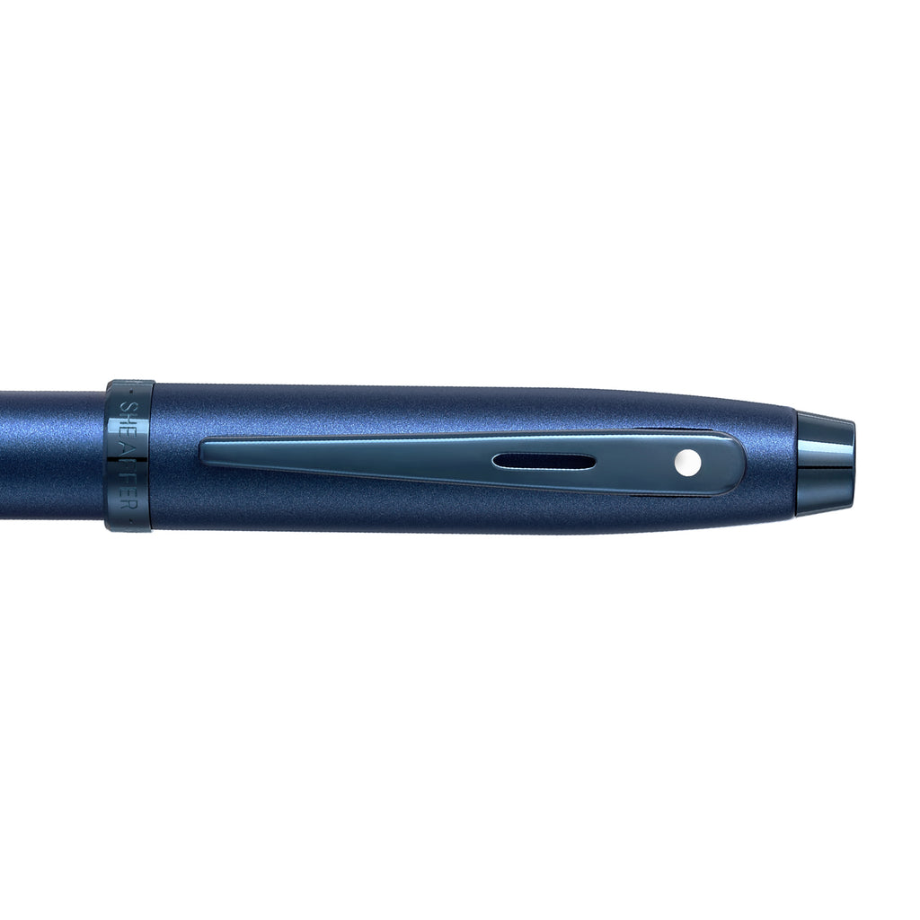 Sheaffer 100 9371 Satin Blue Fountain Pen With PVD Blue Trims clip details