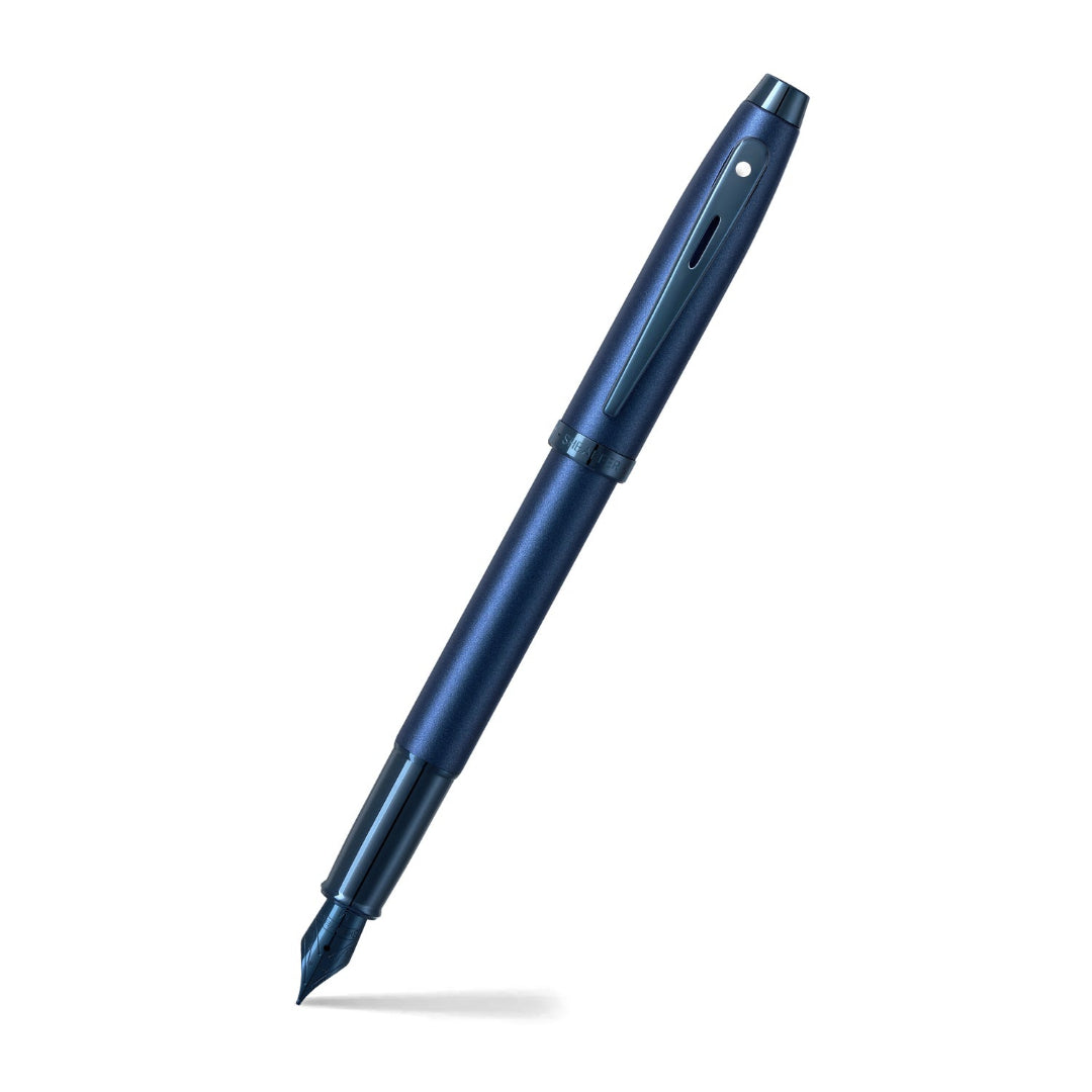 Sheaffer 100 9371 Satin Blue Fountain Pen With PVD Blue Trims angled writing shot