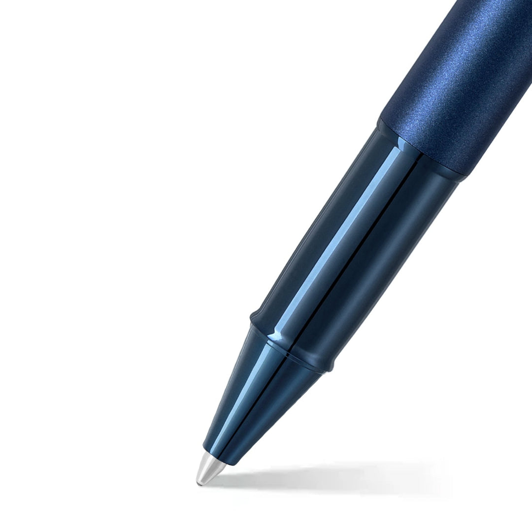 Sheaffer 100 9371 Satin Blue Rollerball Pen With PVD Blue Trims barrel and tip section