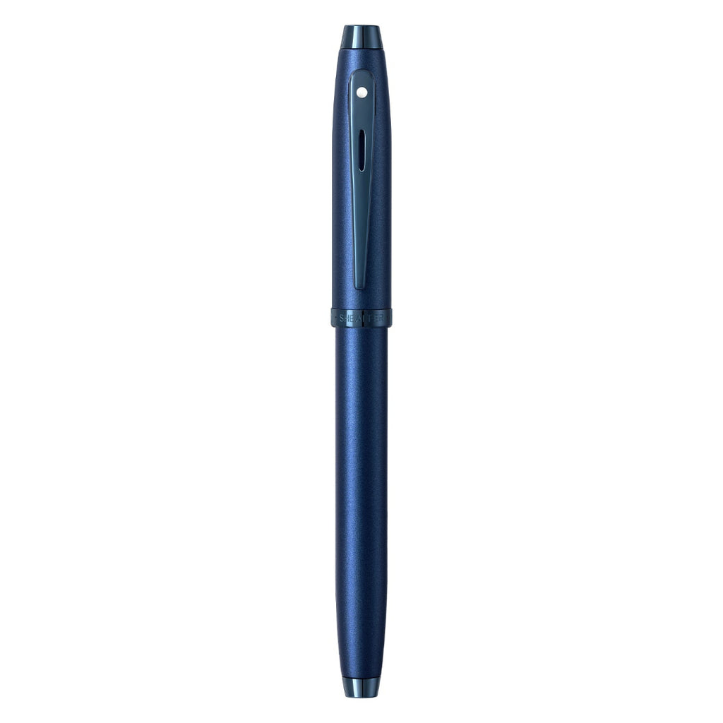 Sheaffer 100 9371 Satin Blue Rollerball Pen With PVD Blue Trims full upright view
