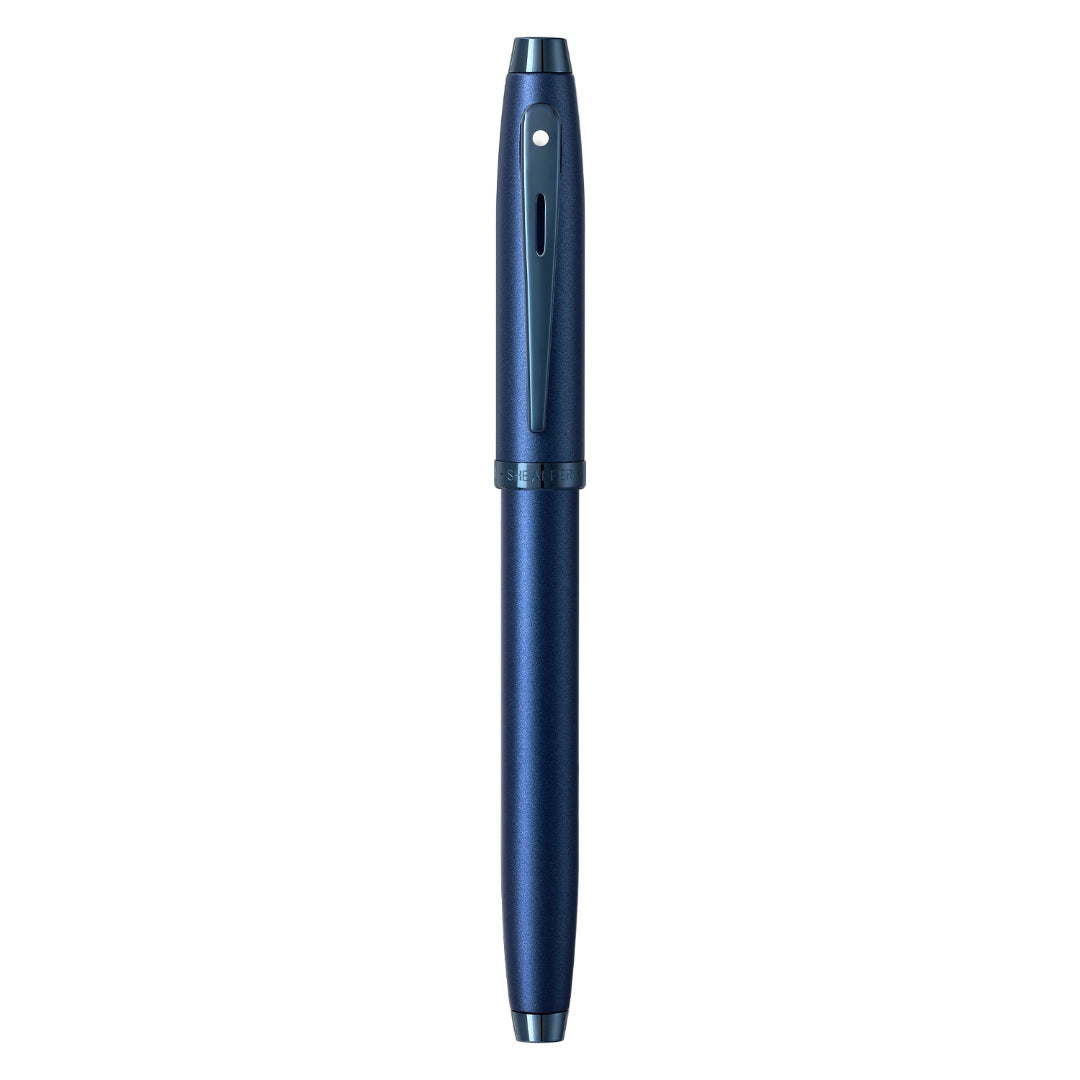 Sheaffer 100 9371 Satin Blue Rollerball Pen With PVD Blue Trims full upright view
