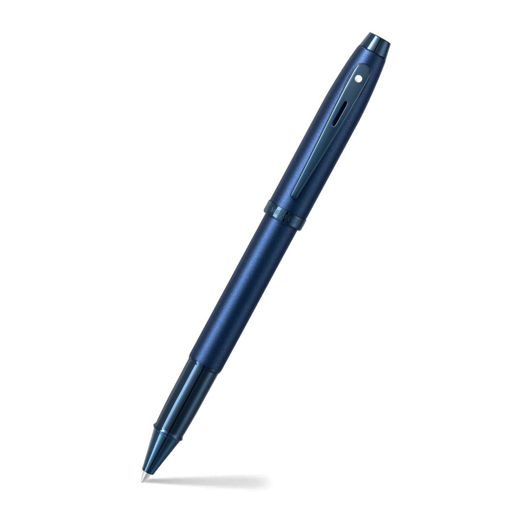 Sheaffer 100 9371 Satin Blue Rollerball Pen With PVD Blue Trims angled writing shot