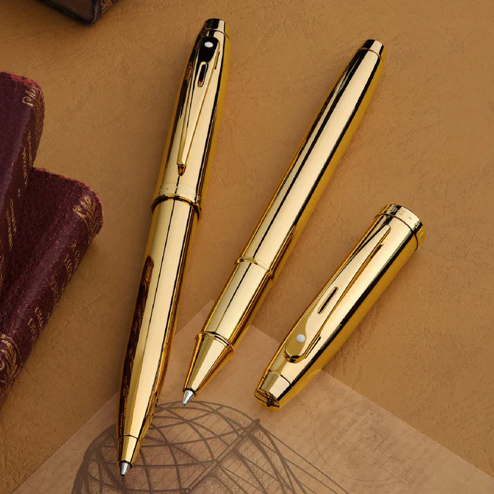 Sheaffer 100 9372 Glossy PVD Gold Ballpoint Pen With PVD Gold Trims with cap and barrel display