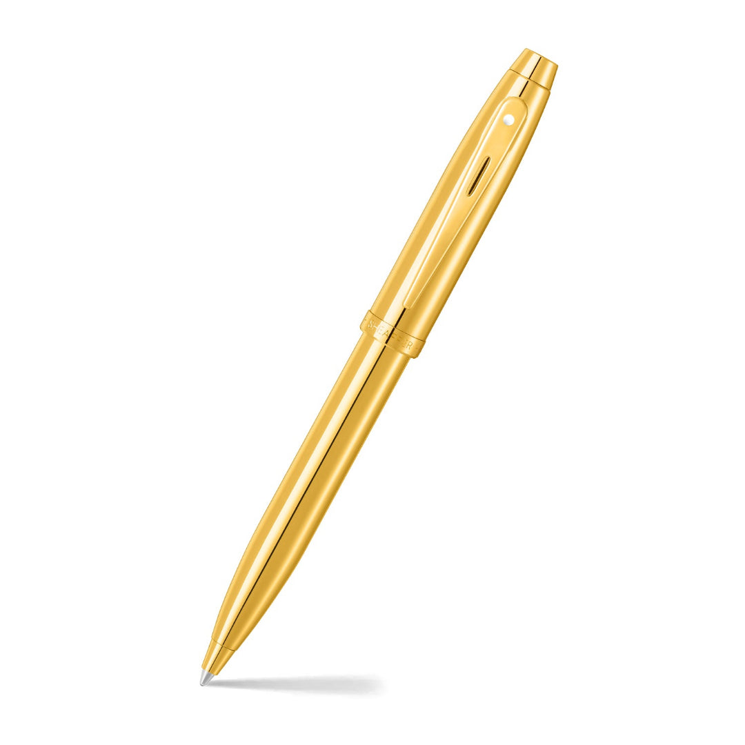 Sheaffer 100 9372 Glossy PVD Gold Ballpoint Pen With PVD Gold Trims angled writing shot