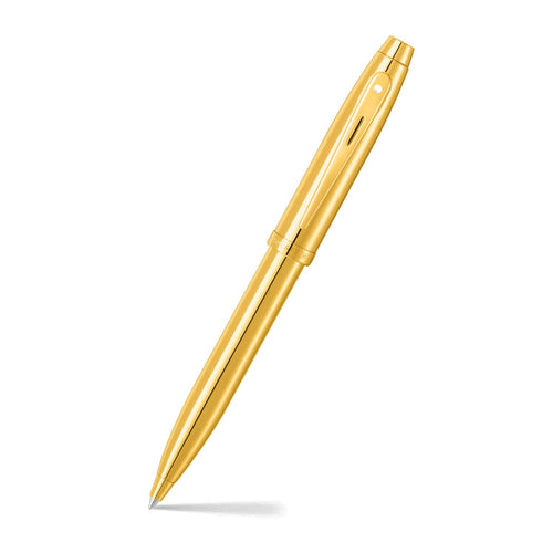 Sheaffer 100 9372 Glossy PVD Gold Ballpoint Pen With PVD Gold Trims angled writing shot