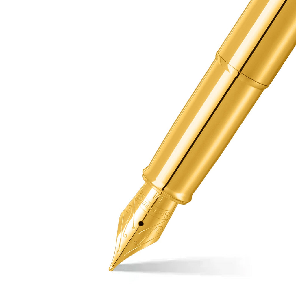 Sheaffer 100 9372 Glossy PVD Gold Fountain Pen With PVD Gold Trims barrel and tip section
