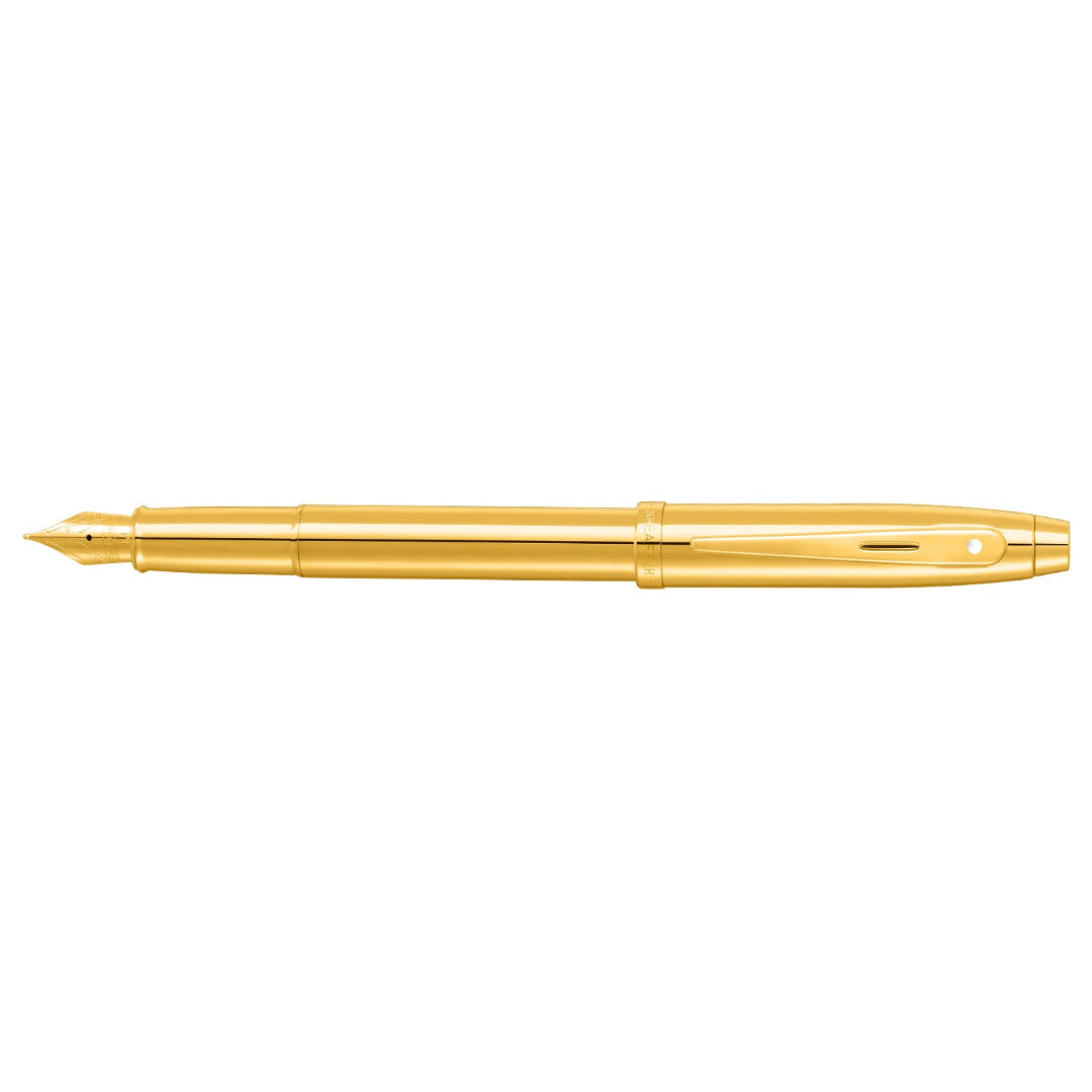 Sheaffer 100 9372 Glossy PVD Gold Fountain Pen With PVD Gold Trims full side profile