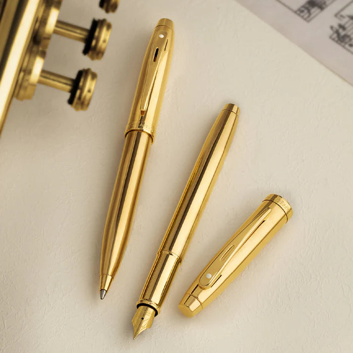 Sheaffer 100 9372 Glossy PVD Gold Fountain Pen With PVD Gold Trims with cap and barrel display