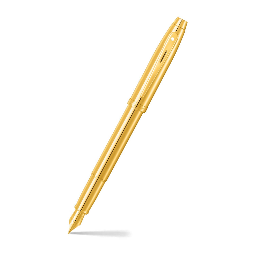 Sheaffer 100 9372 Glossy PVD Gold Fountain Pen With PVD Gold Trims angled writing shot