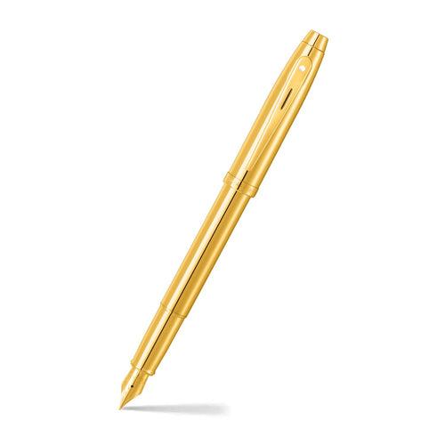 Sheaffer 100 9372 Glossy PVD Gold Fountain Pen With PVD Gold Trims angled writing shot