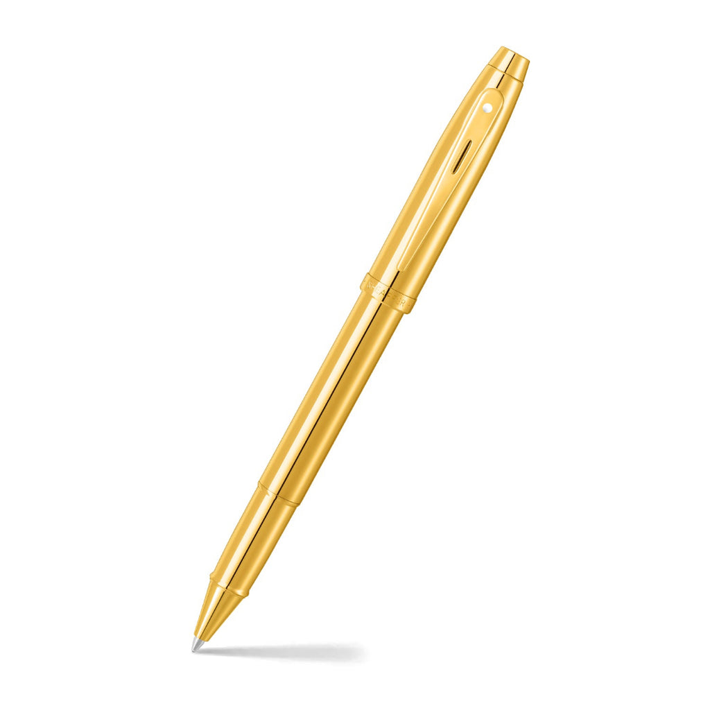 Sheaffer 100 9372 Glossy PVD Gold Rollerball Pen With PVD Gold Trims angled writing shot
