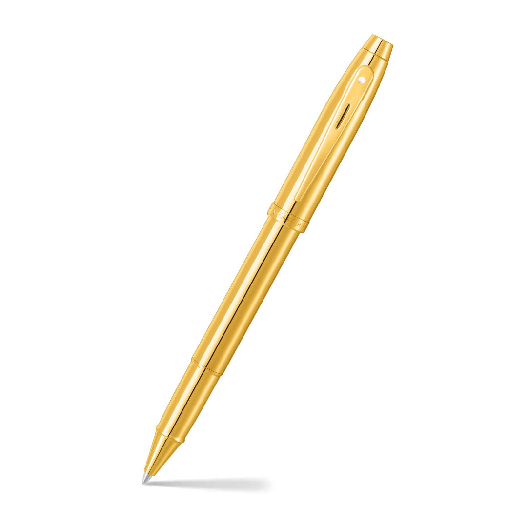 Sheaffer 100 9372 Glossy PVD Gold Rollerball Pen With PVD Gold Trims angled writing shot