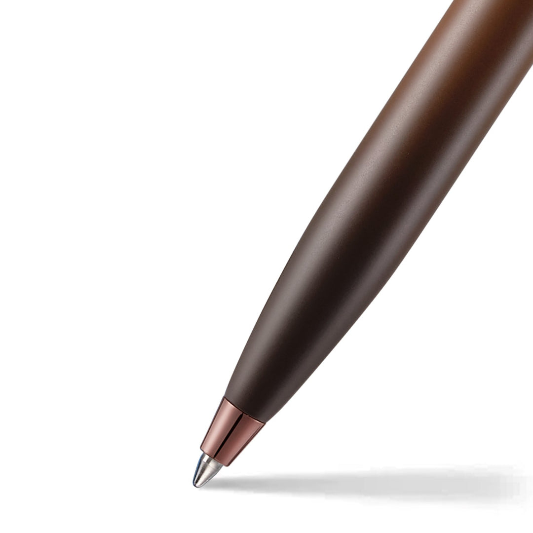 Sheaffer 100 9374 Coffee Edition Matte Brown Ballpoint Pen with Regal Brown PVD Trims barrel and tip section
