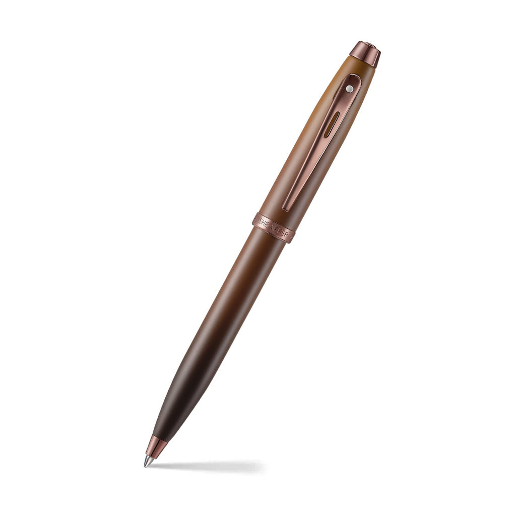 Sheaffer 100 9374 Coffee Edition Matte Brown Ballpoint Pen with Regal Brown PVD Trims angled writing shot