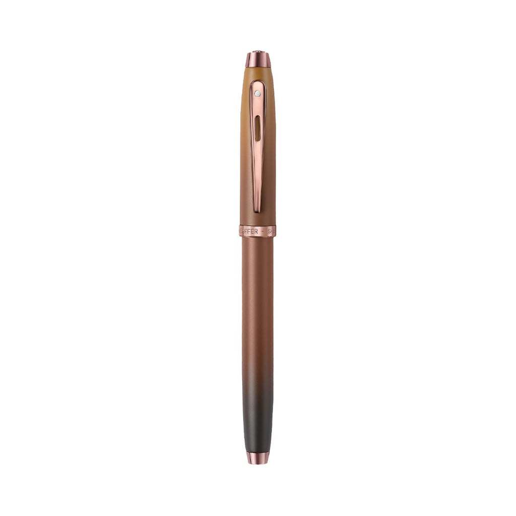 Sheaffer 100 9374 Coffee Edition Matte Brown Rollerball Pen with Regal Brown PVD Trims full upright view