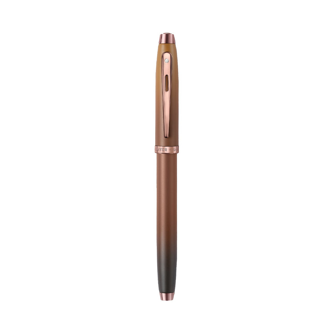 Sheaffer 100 9374 Coffee Edition Matte Brown Rollerball Pen with Regal Brown PVD Trims full upright view