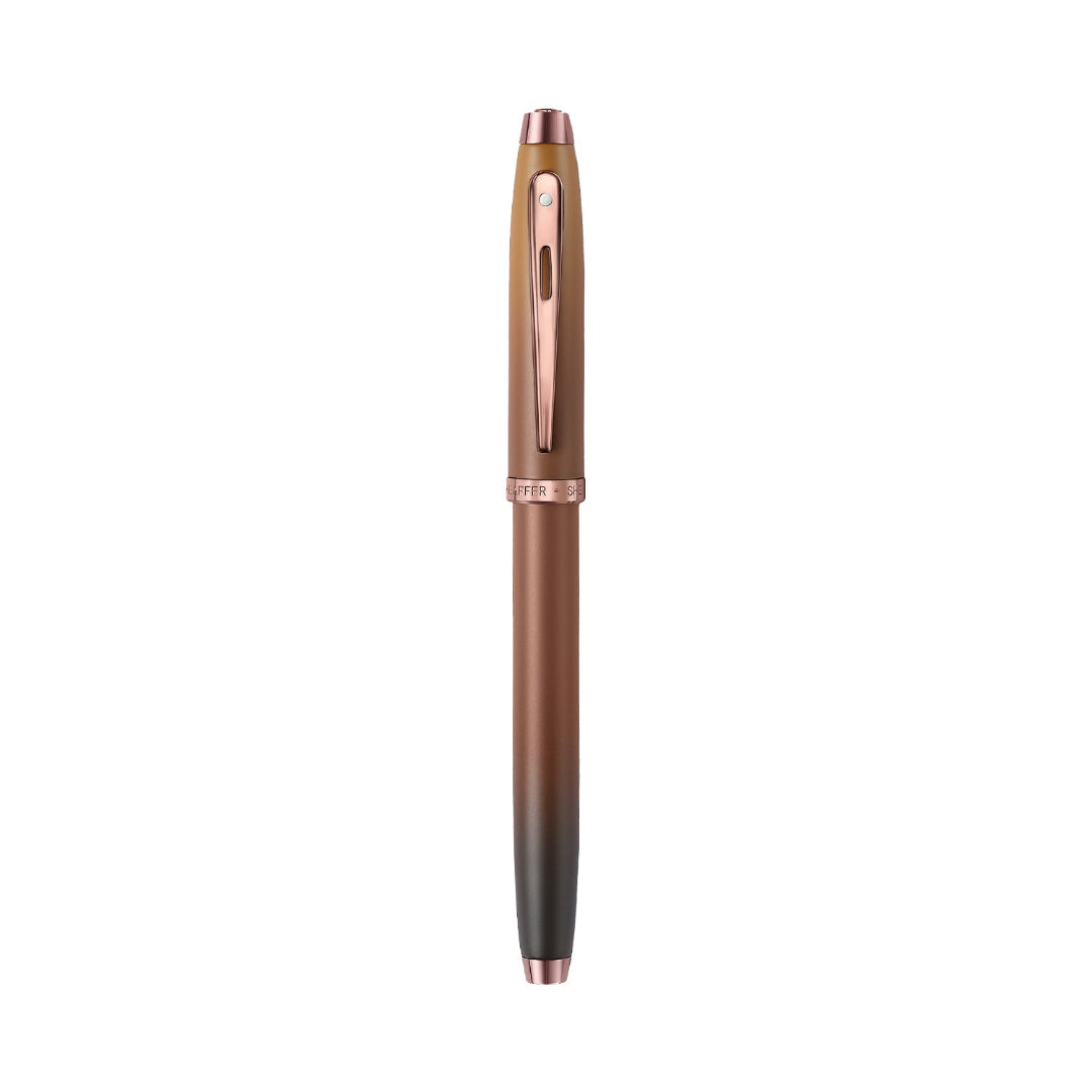 Sheaffer 100 9374 Coffee Edition Matte Brown Fountain Pen with Regal Brown PVD Trims full upright view